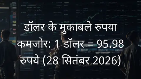 डॉलर के मुकाबले रुपया कमजोर: 1 डॉलर = 95.98 रुपये (28 सितंबर 2026)