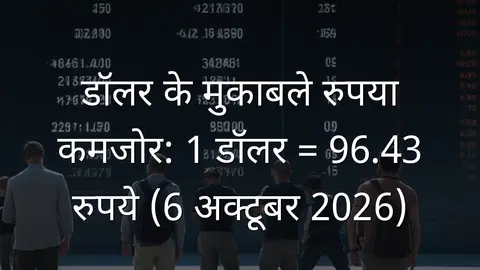 डॉलर के मुकाबले रुपया कमजोर: 1 डॉलर = 96.43 रुपये (6 अक्टूबर 2026)
